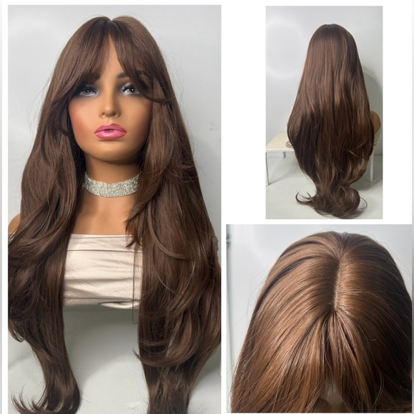 Other - Long Chestnut Brown Synthetic Wig – Natural Brown, Curtain Bangs, Classic wig